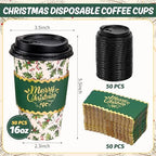 Whaline 50Pcs Christmas Disposable Coffee Cups with Lids and Sleeves Xmas Holly Berry Paper Drinking Cup for Winter Holiday Party Supplies - Image 2