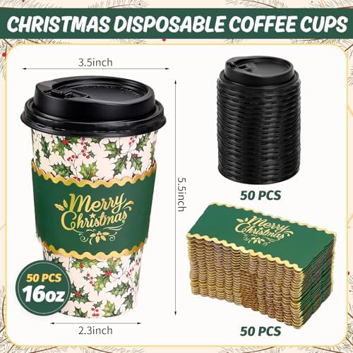 Whaline 50Pcs Christmas Disposable Coffee Cups with Lids and Sleeves Xmas Holly Berry Paper Drinking Cup for Winter Holiday Party Supplies - Image 2