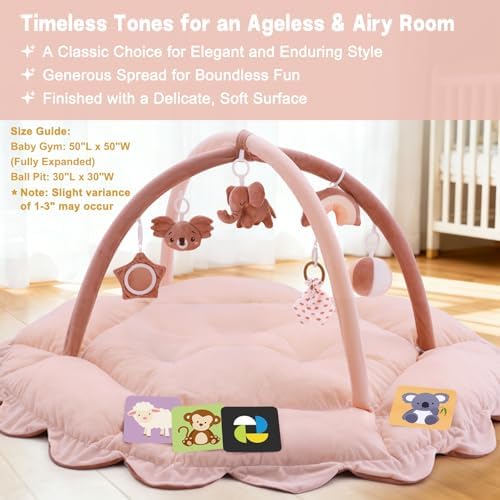 5-in-1 Baby Activity Gym & Play Mat with 6 Hanging Toys, Tummy Time Mat & Cards - Extra Large, Reversible Machine Washable Pad - Gift for Newborns, Infants 0-12 Months, Pink - Image 5