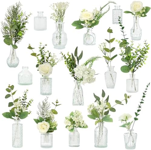WARMALL Artificial Flowers with Vases, 16 Pcs Bud Vases, & 81 Pcs Artificial Plants DIY Set Suitable for Centerpieces Table Weddings Party Office and Indoor Decor Mini Small Glass Clear(White) by Unknown