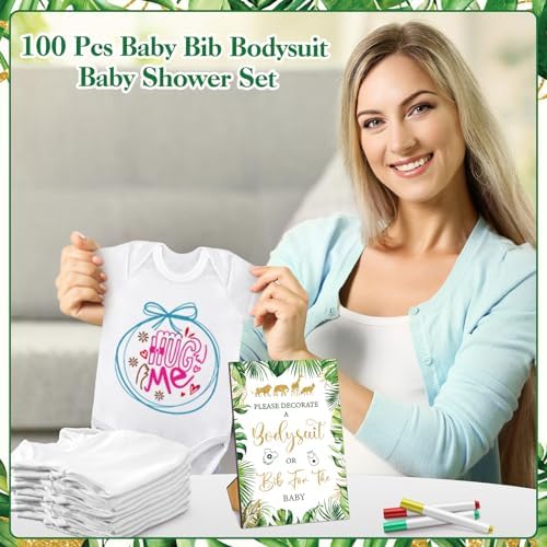 Panitay 100 Pcs White Baby Bodysuits Bibs Kit 25 Guests, Safari Animal - Image 7