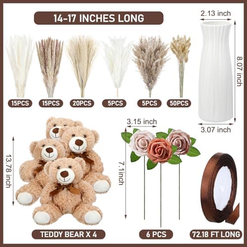 4 Sets 125 Pcs Bear Baby Shower Table Centerpiece with Bear Stuffed Animals Brown Dried Pampas Grass Artificial Flower Plastic Vase for Boho Wedding Bridal Reveal Birthday Baby Shower Decor - Image 2