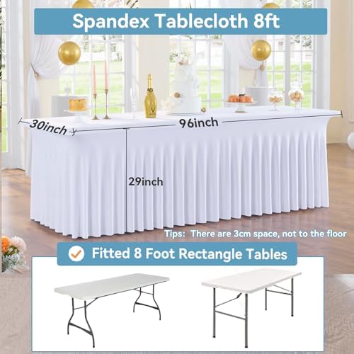 2 pk White Spandex Table Cloth Rectangle 8ft with Ruffle Skirt,Wrinkle Free High-Stretch Fitted Tablecloths for 8 Foot Rectangle Tables,Elastic Spandex Table Covers 8 ft for Parties Weddings Banquet - Image 4