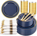 WDF Partyware 350PCS Navy Blue and Gold Plastic Plates with Rolled Napkins Include Dinner Plate 10’’, Dessert Plate 7’’, gold Cups 9 OZ, Pre Rolled Napkins for Birthday/Wedding/Party by WDF