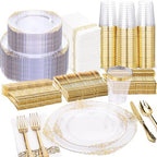 Nervure 350Pcs Clear Gold Plastic Plates, Dinnerware Sets for 50 Guests by Nervure