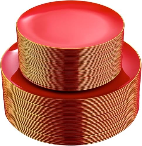 PULOTE 100PCS Red Plastic Plates Disposable Heavy Duty - Include 50 Dinner / 50 Dessert Plates for Party & Christmas by PULOTEpartywareWesupplyproductsandyouenjoylife