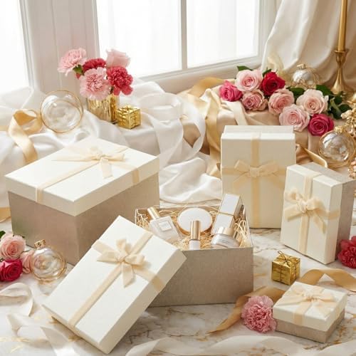 Cholemy 5 Pcs Christmas Nesting Gift Box with Lid Velvet Ribbon, Champagne - Image 4