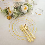 NOCCUR 50Guest Gold Rim Clear Plastic Plates&Disposable Silverware Cups-Include 100Plastic Plates, 150Gold Utensils, 50Cups and 50Napkins-Idea for Wedding/Party - Image 2