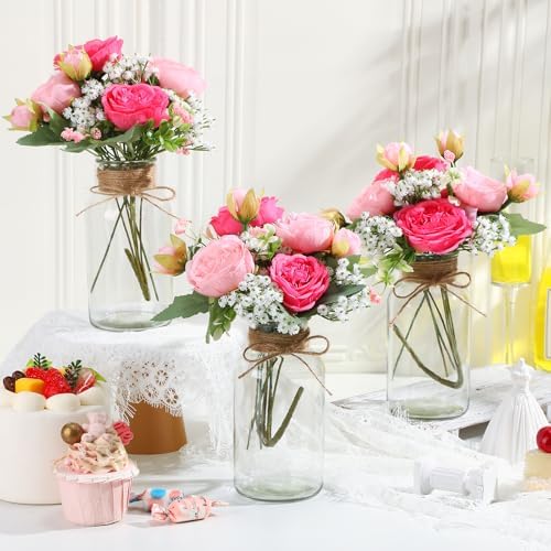 Zeyune 6 Sets Mason Jar Table Centerpiece with Artificial Peony Baby's Breath Flower Centerpieces Faux Flowers with Rope for Wedding Reception Engagement Bridal Shower Rustic Table Decor(Pink) - Image 3
