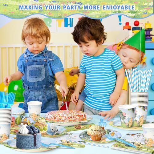 300 Pcs Winnie Bear Baby Shower Plates and Napkins Tableware Set, Plates Napkins Cups Straws and Forks Sets, Winnie Baby Shower Decorations Birthday Party Supplies, Serves 50 Guests - Image 2
