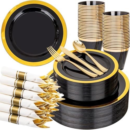 YOUBET 350PCS Black and Gold Plastic Plates for Party Wedding by YOUBET