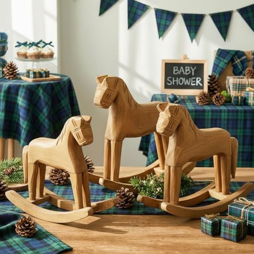 Vicenpal 6 Pack Baby Shower Wooden Vintage Rocking Horse Table Decoration for Blue Green Tartan Plaids Theme Party Centerpiece Rocking Horse Decor for Baby Shower Party Wedding Birthday Decorations by Vicenpal