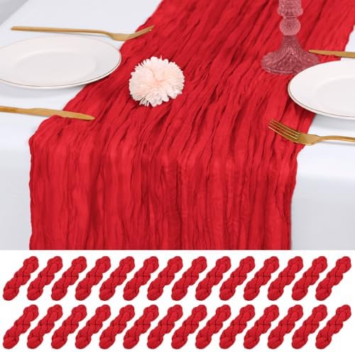 28 Pack Red Cheesecloth Table Runner 17x108 Inch Semi Sheer Boho Gauze Cheese Cloth Fabric Table Runners, for Wedding Party Baby Shower Birthday Home Decor Garden Farmhouse by Unknown