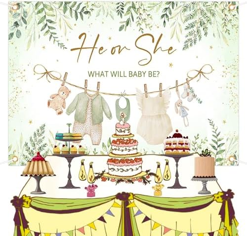 Avezano Greenery Gender Reveal Backdrop Banner Watercolor Boy or Girl Clothes He or She What Will Baby Be Gender Reveal Decorations Green Leaves Gold Dots Neutral Baby Shower Banner (8x6ft) - Image 2