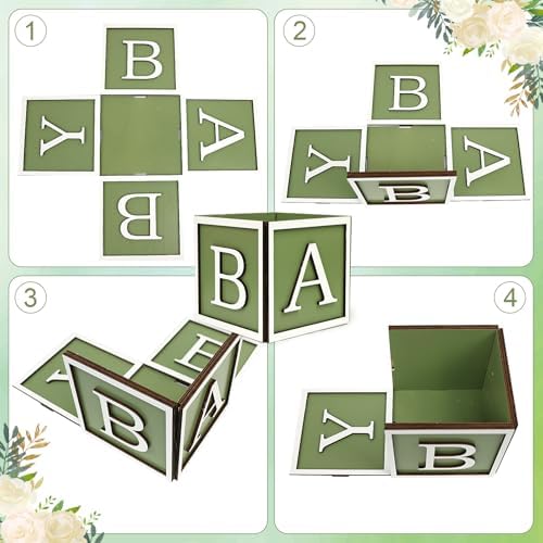 4 Set Baby Shower Centerpieces for Tables - 6 inch Wooden Boxes with Baby Letters Rustic Cube Planter Wood Blocks for Gender Reveal Party Favor (Green) - Image 4
