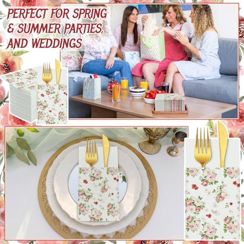 Potchen 100 Pcs Linen Feel Napkins Disposable, Vintage Rose Floral - Image 5