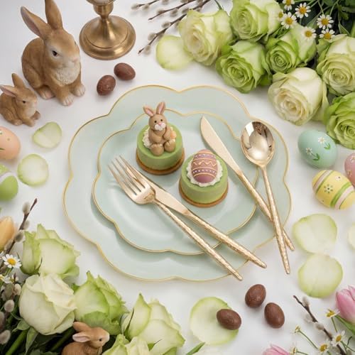 LIYH 150 Pcs Sage Green Plastic Plates - Dinnerware Set, Gold Silverware, Flower Plates Include Dinner & Dessert Plates, Knives, Forks for Wedding - Image 2