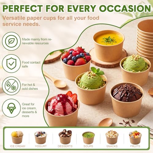 Honeydak 200 Pcs 4 oz Kraft Paper Ice Cream Cups Disposable Dessert Bowls for Hot or Cold Food Brown Paper Snack Containers for Sundae, Frozen Yogurt, Soup Baby Shower Party Supplies - Image 3