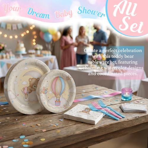 Teddy Bear Gender Reveal Baby Shower Decorations for 40 Guests, We Can Bearly Wait Baby Shower Plates and Napkins Set, Pink Blue Bear Party Supplies, Neutral Baby Shower Tableware Decor - Image 4