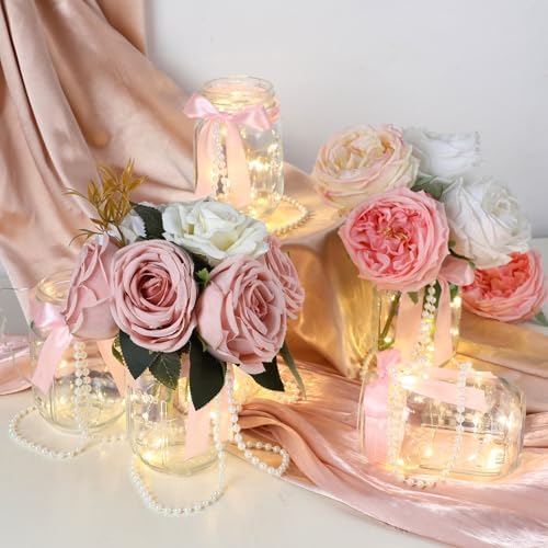 6 Sets Mason Jars Centerpieces with Light for Table, Pink Bow - Image 6