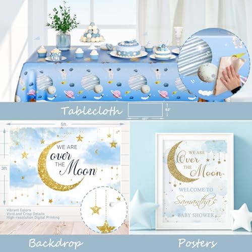 Costova Over the Moon Baby Shower Decorations – 125 PCs Moon and Star Themed Party Supplies with Balloon Garland, Cake Topper, Backdrop, Tablecloth, Moon & Star Foil Balloon, Sash, Badge - Image 5