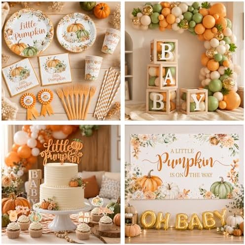 Little Pumpkin Baby Shower Decorations for Boy or Girl,295pcs Fall Baby Shower Plates and Napkins Cups Backdrop Tablecloth Topper Balloon for A Little Pumpkin Is On The Way Baby Shower Decorations - Image 5