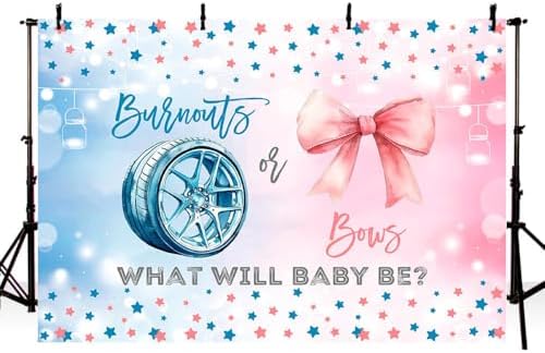 MEHOFOND 10x7ft Burnouts or Bows Gender Reveal Backdrop Boy or Girl What Will Baby Be Photography Background Pink and Blue Stars Gender Reveal Baby Shower Party Decorations Banner Photo Booth Props - Image 3
