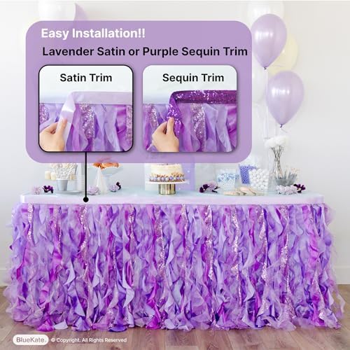 Sequined Purple Table Skirt 6ft. Double Organza, Two Trims Party Tutu Table Skirt! Unicorn Birthday Decorations for Girls, Baby Shower Decorations, Table Skirts for Rectangle Tables 6ft - Image 2