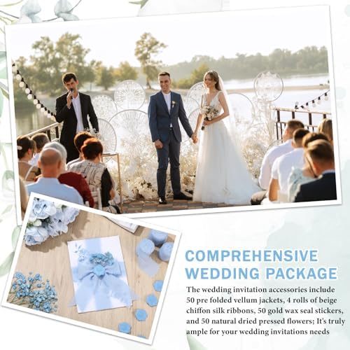 Fullhawl 100 Sets Wedding Invitations Wraps Set Pre Folded Vellum Jackets for 5 x 7 Invitations Dried Flowers Wax Seal Stickers Chiffon Silk Ribbon for Wedding Birthday Bridal Shower Craft DIY (Blue) - Image 6
