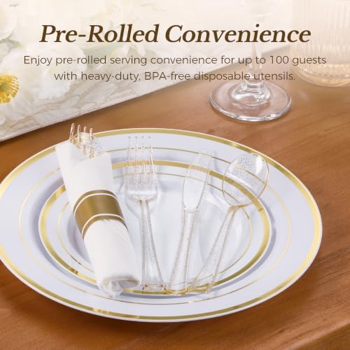 Goodluck 100 Pack Pre Rolled Gold Glitter Plastic Silverware with Napkins - Image 5