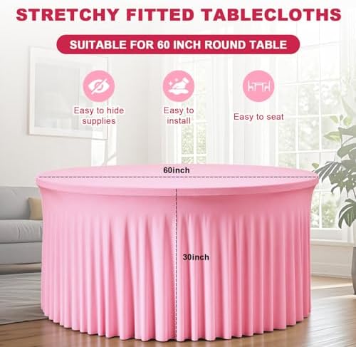 2 Pack Pink Round Tablecloth 60 inch, Spandex Fitted Wrinkle Free Table Cover with Skirt Washable Tablecloths for Wedding Photo Party Professional Events Birthday Decor - Image 3