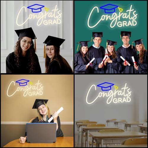 Congrats Grad Neon Sign with Graduation Cap, Grad Wall Decor, Warm White - Image 6