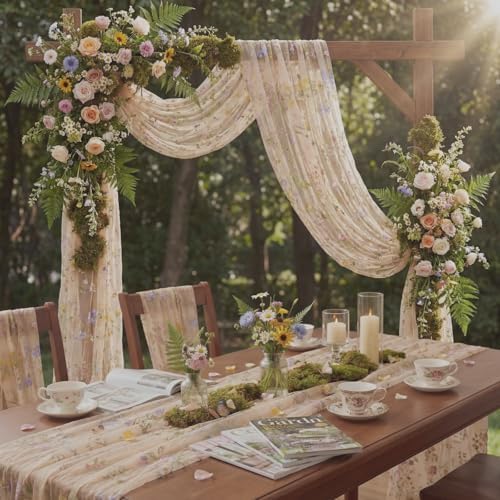 Champagne Floral Table Runner 10ft Embroidery Tulle Spring Wildflower Table Runner Seasonal Summer Butterfly Kitchen Dining Gauze Decoration for Wedding Baby Shower Birthday Party (3 Pcs) - Image 3