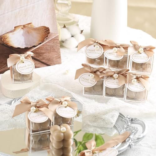 ACITHGL 30 Sets Small Bubble Candle Wedding Candles Favors for Guests Bulk Bridal Shower Favors Candles with Stylish Ribbons Thank You Cards Gifts (Tan) - Image 6