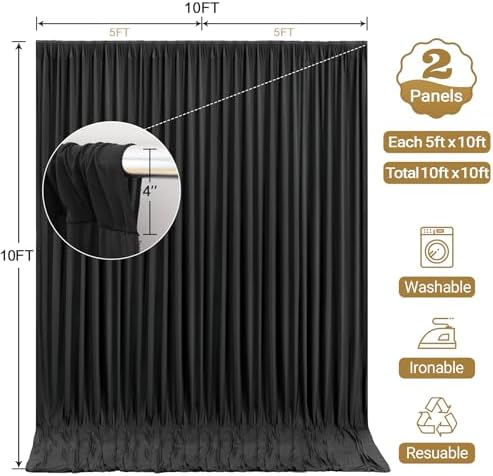 Black Backdrop Curtain 10x10ft - Wrinkle Free Polyester Photo Curtain Backdrop Wedding Back Drop Fabric Drapes for Party Decorations Background for Photography - Image 6