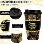Whaline 50 Pcs 16 Oz Happy New Year Disposable Coffee Cups with Lids and Sleeves Black-Gold Firework Paper Drinking Cup for Chinese Spring Festival Party Supplies - Image 3