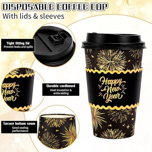 Whaline 50 Pcs 16 Oz Happy New Year Disposable Coffee Cups with Lids and Sleeves Black-Gold Firework Paper Drinking Cup for Chinese Spring Festival Party Supplies - Image 3