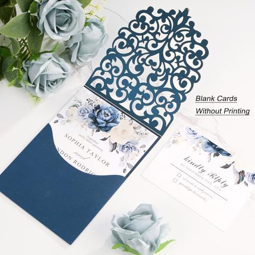 50pcs Wedding Invitation Kit, Navy Blue Laser Cut Invitations with Cards - Image 2