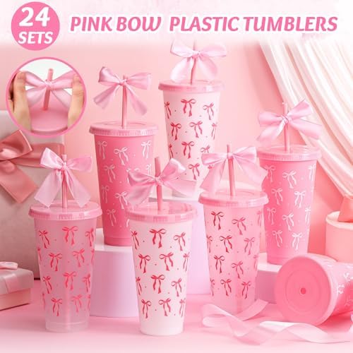 Skylety 24 Pcs Pink Bow Plastic Cups with Lid Straw and Ribbon - Image 4
