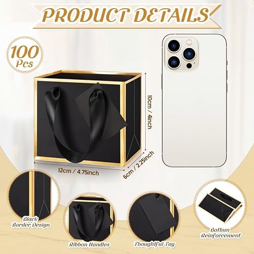 Yeaqee 100 Pcs Mini Metallic Paper Gift Bags with Handle, Black, Gold - Image 2