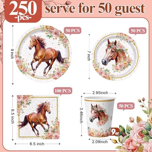 Pickmesh 250 Pcs Horse Birthday Party Decorations Pink Floral Cowgirl Disposable Tableware Set Cowboy Paper Plates Napkins Cups for Western Wedding Bachelorette Fairy Baby Bridal Shower Party Serve 50 - Image 2