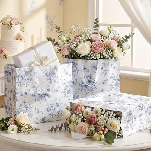 Abbylike 30 Pcs Blue Floral Gift Bags Reusable Large Tote with Handle - Image 5