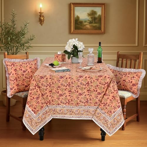 Ridhi Apricot Rosette Vine (Wine Red) Hand Block Print Cotton Rectangle Tablecloth 60x102 inch Reusable Table Cover Decorative Everyday Use for Dining Room, Farmhouse, Home Gift for Spring, Summer - Image 2