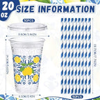 Funnymoom 50 Sets 20 oz Capri Lemon Plastic Cups with Lids & Paper Straws - Image 2