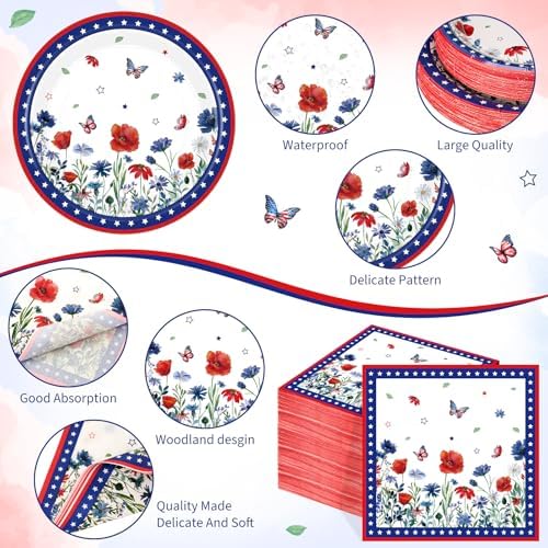 Funnymoom 434 Pcs Patriotic Floral Party Decorations Paper Plates Serve 48 - Image 2