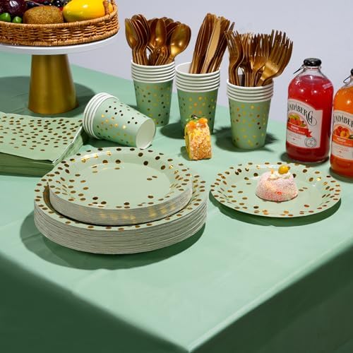 350pcs Sage Green Paper Plates and Napkins Set, Disposable Sage Green and Gold Polka Dot Party Plates Cups For Baby Shower Birthday Wedding Party Supplies and Decorations, Serve 50 - Image 5