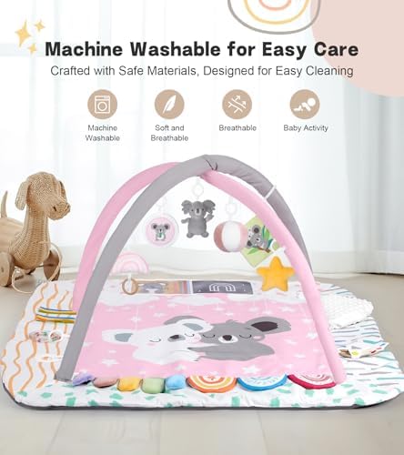 Baby Play Mat Activity Gym, 6 Developmental Zones Tummy Time Mat, 6 Detachable Sensory Toys and Educational Cards, Essential Baby Shower Set, Pink Koala - Image 6