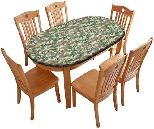 A Winter's Day Fabric Collection - Winter Chickadees White Print Oval Table Cloths Waterproof & Stain Resistant Elastic for Dining Camping Indoor and Outdoor Fits for 42" x 60" Oval Table by ZNCTFMR
