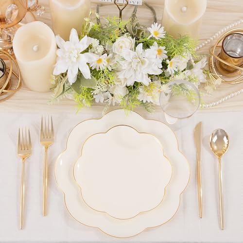 ejonirinjonir 180pcs Elegant Gold Rim Ivory Plastic Plates for Wedding Gala - Image 3