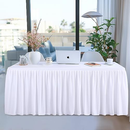 White Polyester Table Clothes for 8 Foot Rectangle Tables, Wrinkle Free Fitted Table Cover 8ft Stretch Tablecloths with Skirt for Parties Weddings Birthday Banquet Baby Shower - Image 4